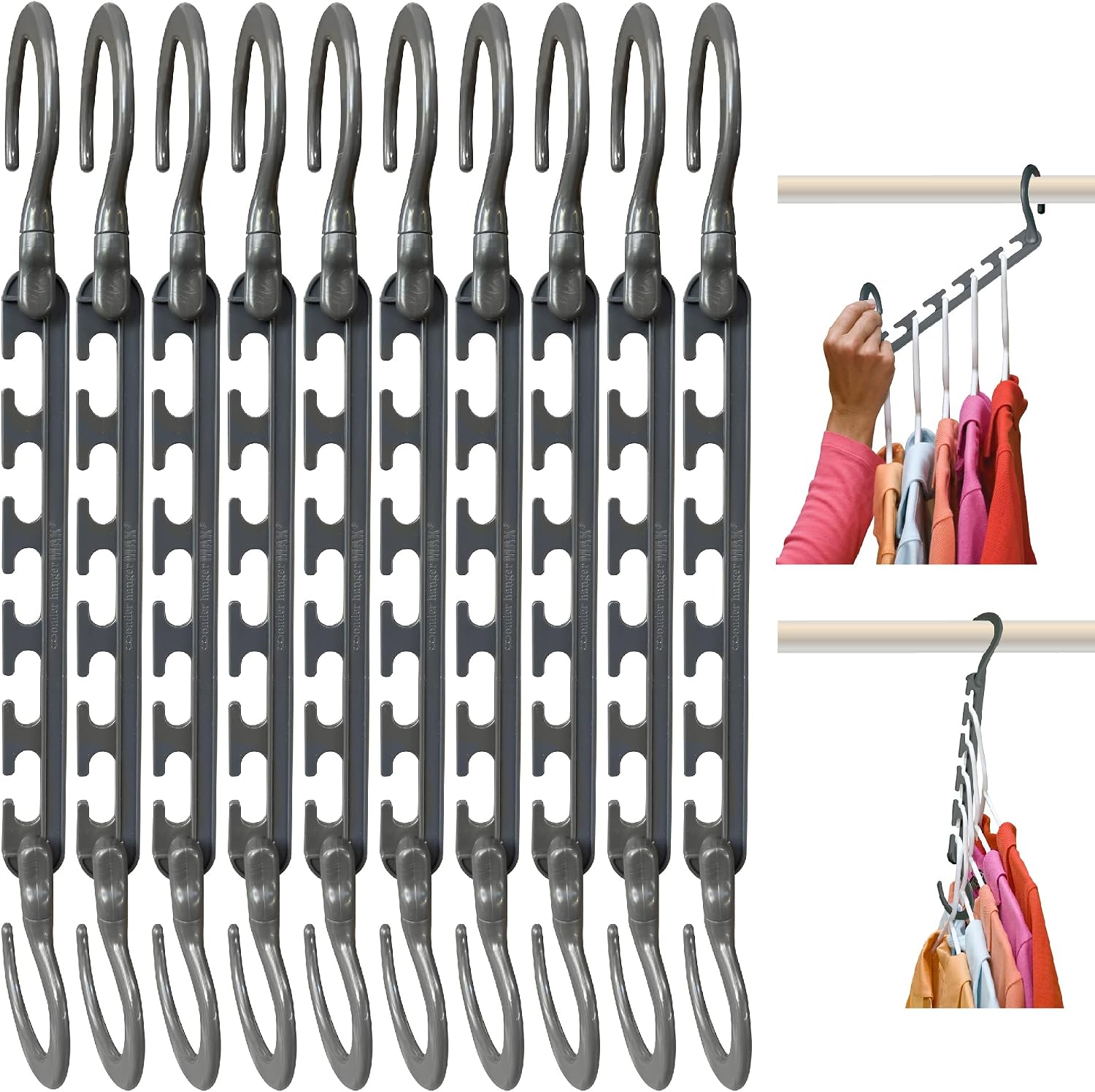 Max 10-Pack Space-Saving Cascading Hangers. 360° Swivel Hooks. Grey | Maximize closet space with 10 assembled cascading hangers and reinforced 360° swivel hooks—ideal for dorms and storage.